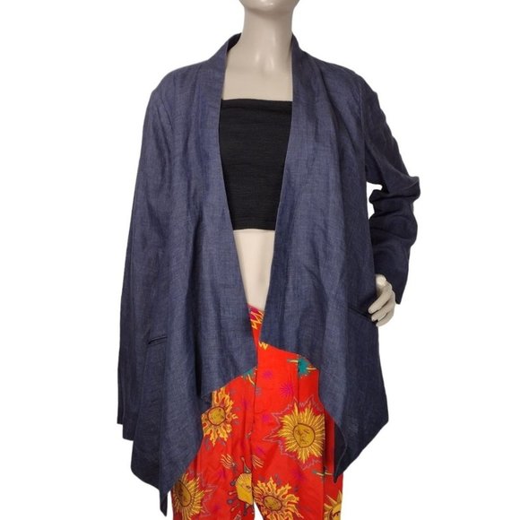 Talbots Blue 100% Linen Draped Open Front Waterfall Topper Jacket Size 10 - Picture 2 of 9